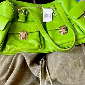 This is a MAXX leather bag, new lime, green handbag with multiple pockets
